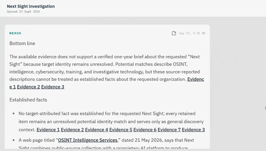 Nexus case workspace with a bottom-line-up-front brief whose statements link to numbered evidence records