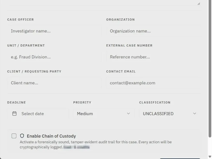 New case file in Nexus with case officer, client reference, priority, classification and a chain-of-custody option