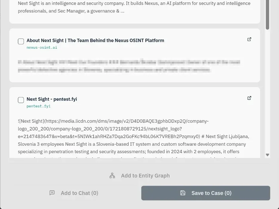 Nexus search results with public sources selected to save to the case, add to the conversation or add to the graph